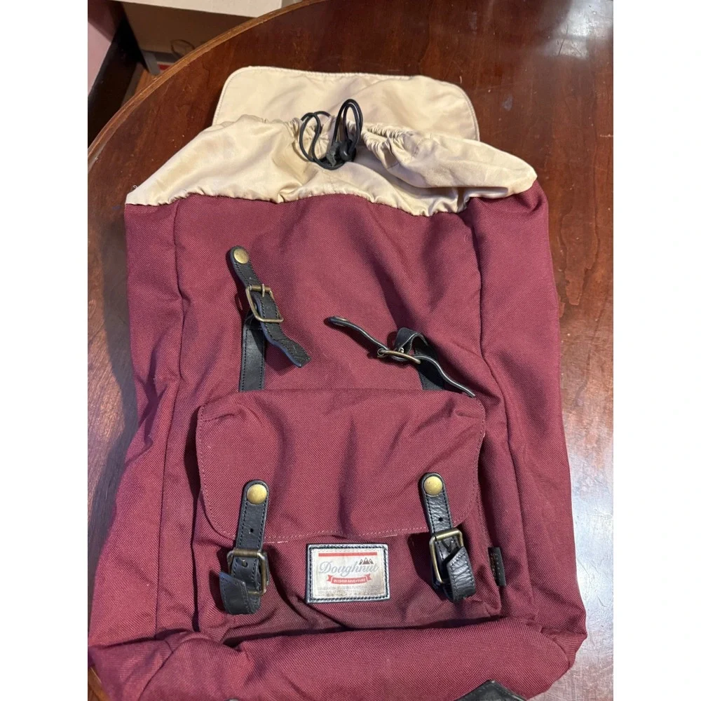 Doughnut Outdoor Adventure Backpack Burgundy Canvas Rucksack Buckle Flap Top